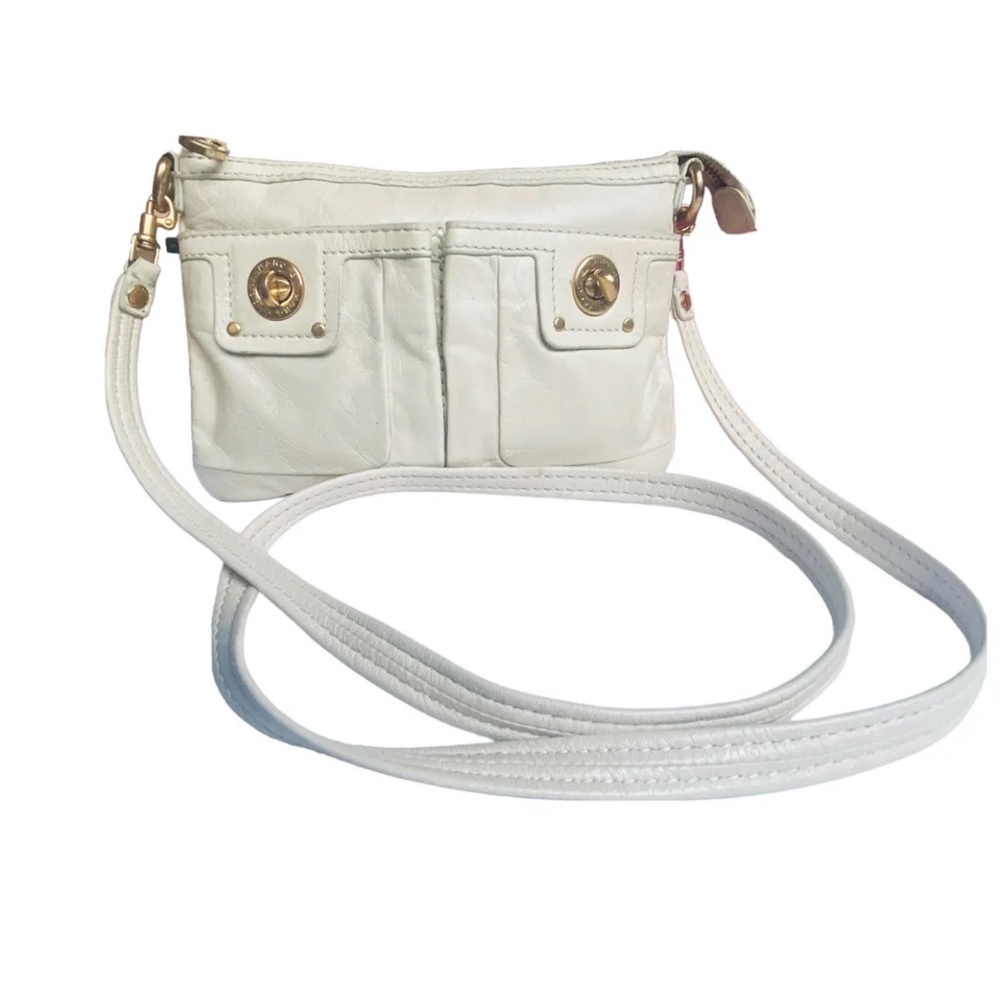 Marc By Marc Jacobs Crossbody Cream Leather Purse Pockets Turnlock Brass